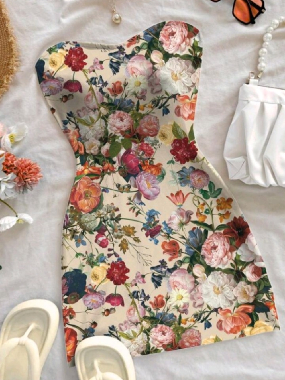 Floral Strapless Bodycon Dress in Cream with Multicolor Blooms